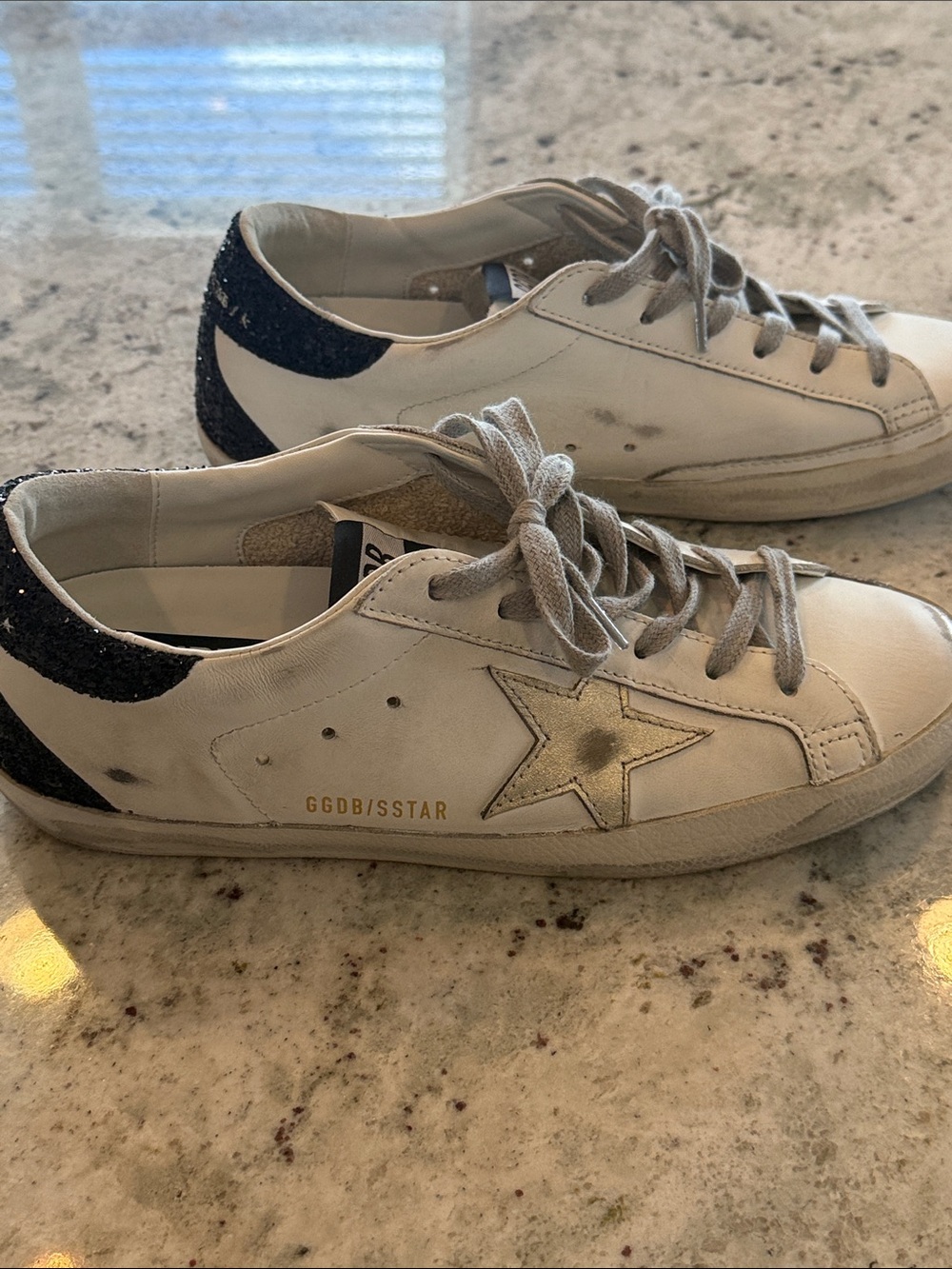 Golden Goose White Leather Low-Top Sneakers with Black Glitter Heel - Picture 9 of 10